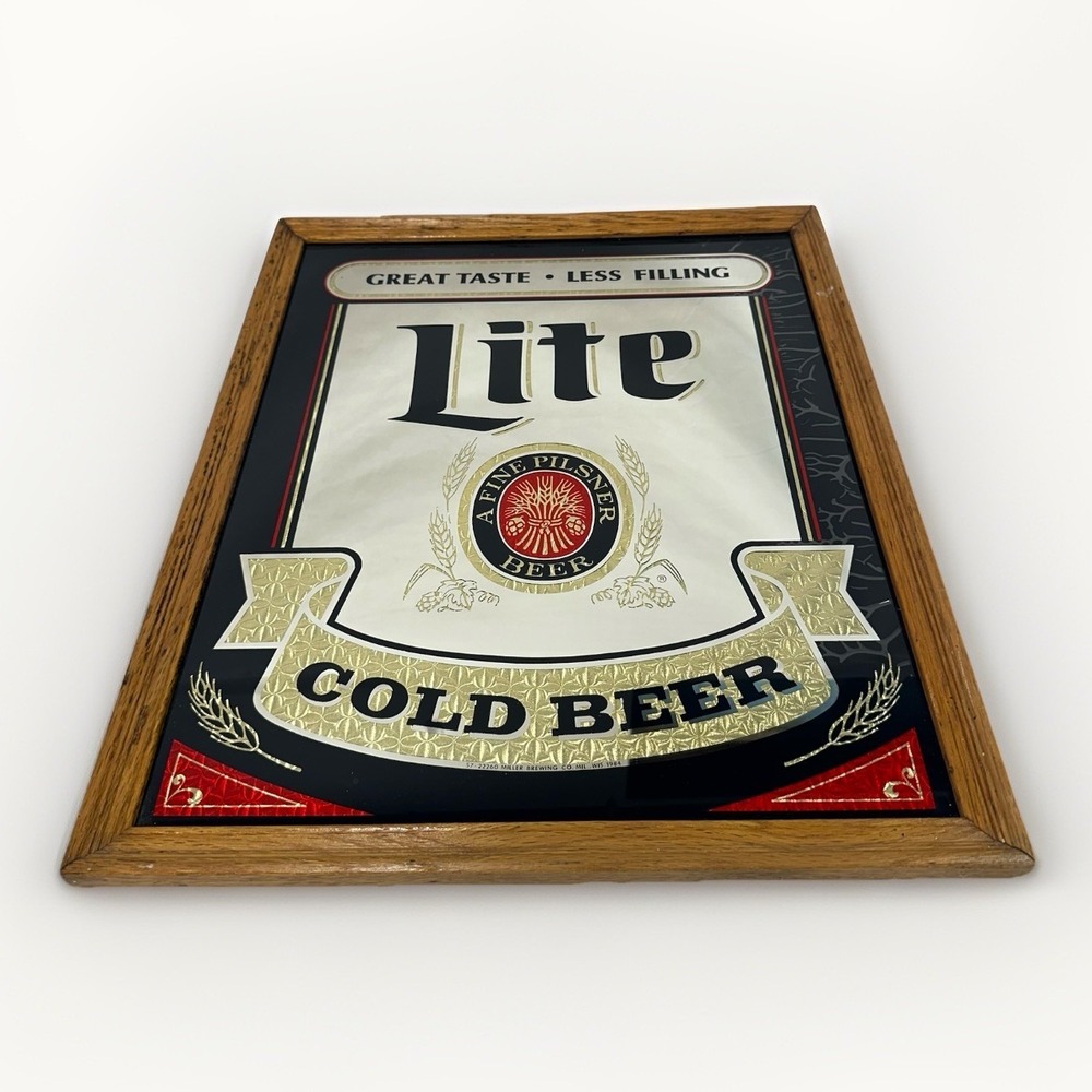 Vintage 21"X 17" Miller Lite Beer Mirror Great Taste Less Filling  Wood Frame